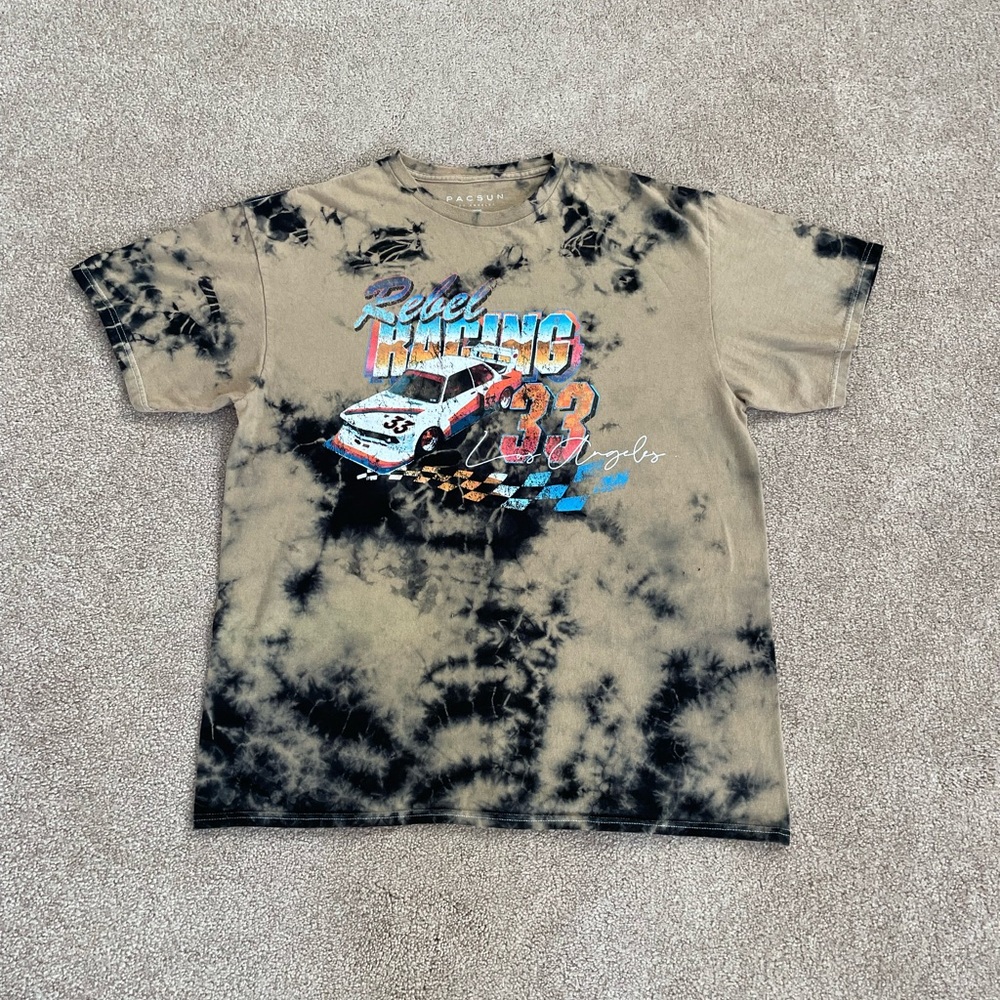 Medium Tie-Dye Pacsun Graphic Tee Shirt | Tan and Black | (Rebel Racing 33)